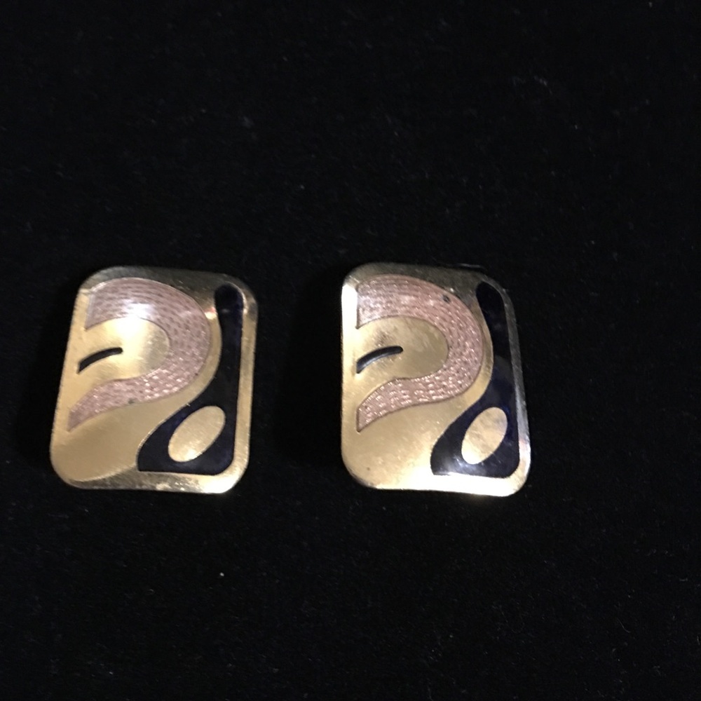 Pair 1980s brass and enamel clip earrings vintage